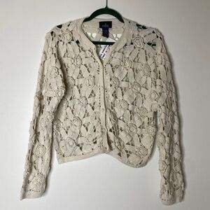 VINTAGE OBR Cream Intricate Crochet Floral Open Knit Button Cardigan Medium